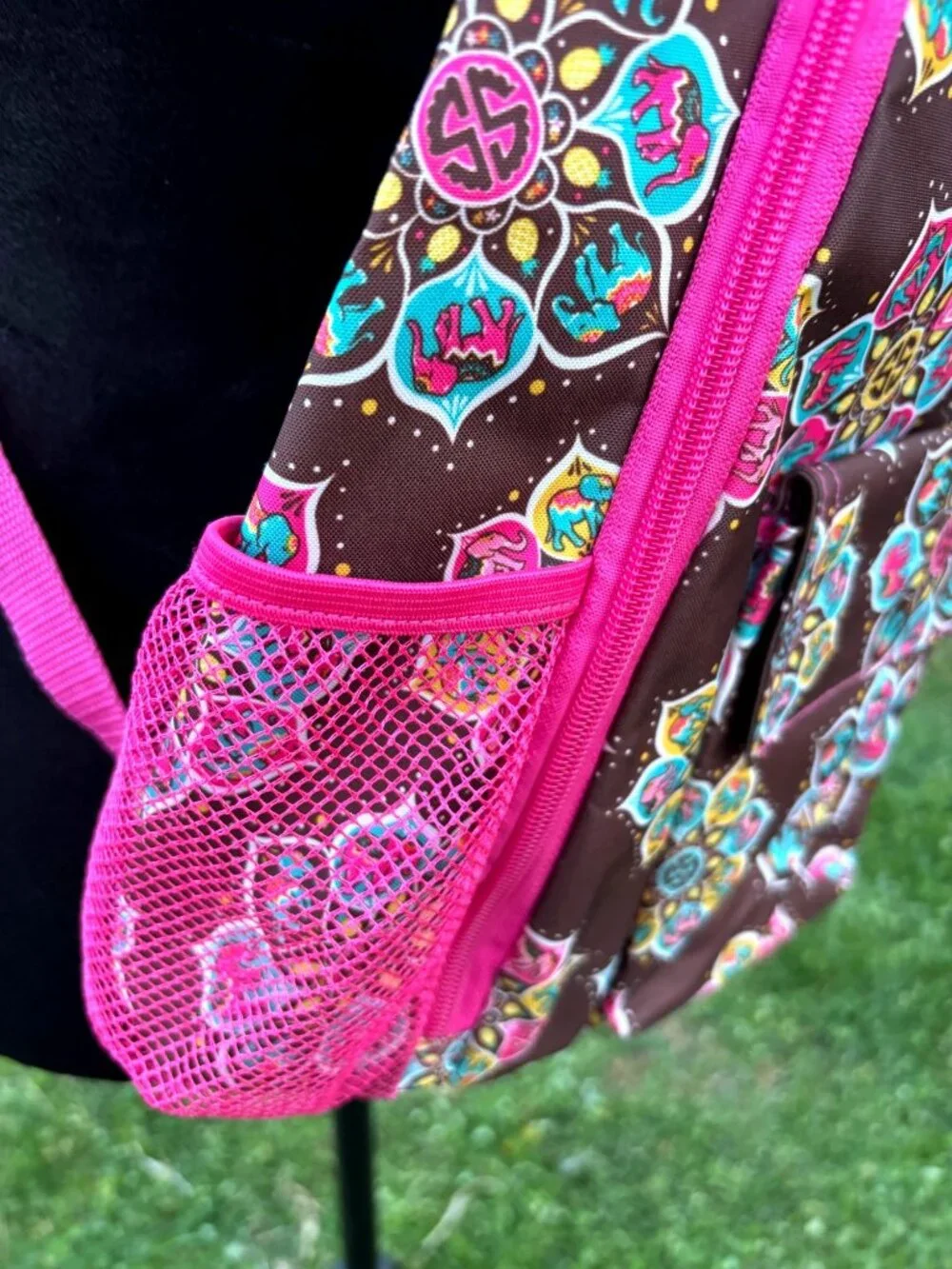 Simply Southern Brown & Pink Elephant Sling Backpack Floral Print Mandala Flower